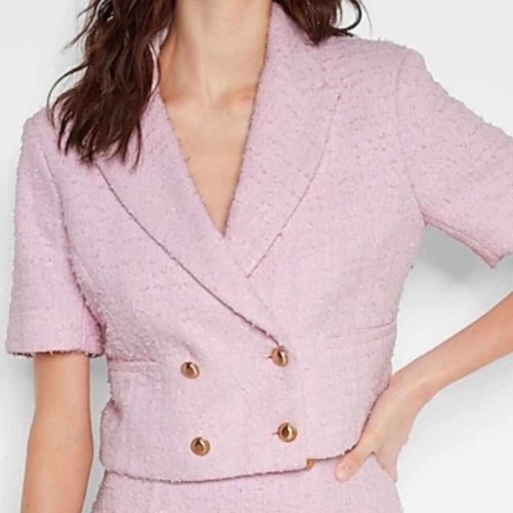 Express Pink Short Sleeve Cropped Double Breasted Tweed Blazer Size M